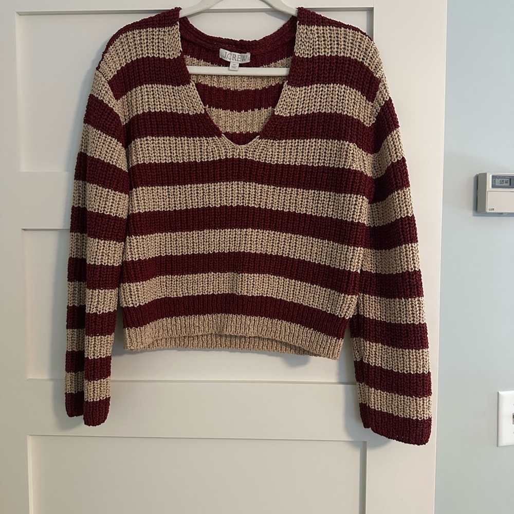 J. Crew Burgundy and Cream V-Neck Sweater